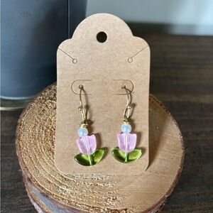 Homemade Tulip Pink and Green Floral Earrings